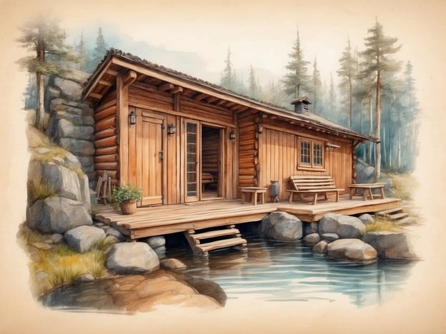 Auf dem Bild ist eine traditionelle finnische Sauna zu sehen. Sie besteht aus Holz und steht in einer malerischen Umgebung mit Steinen und Wasser. Die Sauna hat eine Veranda, auf der eine Bank steht, und ist umgeben von Bäumen, die eine ruhige und natürliche Atmosphäre schaffen. Die Architektur ist rustikal und spiegelt die ursprüngliche Bauweise wider, die für finnische Saunen typisch ist.