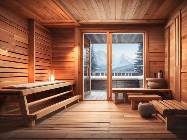 Auf dem Bild ist eine gemütliche Holzsauna zu sehen, die eine entspannende Atmosphäre vermittelt. Diese Art von Sauna könnte eine Finnische Sauna sein, bekannt für ihre hohe Temperatur und trockene Hitze. 

Die Bänke aus Holz sind typisch für viele Sauna-Variationen, während die großen Fenster einen schönen Blick auf die Berge bieten und eine Verbindung zur Natur herstellen. Möglicherweise handelt es sich auch um eine Bio-Sauna, die eine niedrigere Temperatur und höhere Luftfeuchtigkeit bietet, um das Schwitzen angenehmer zu gestalten. 

Zusätzlich könnte die Sauna auch Elemente einer Infrarotsauna aufweisen, die eine direkte Wärmewirkung auf den Körper hat. Die Einrichtung mit Kerzen und einem sanften Licht verstärkt die entspannende Stimmung, die sowohl in Wellnessbereichen als auch in privaten Saunen geschätzt wird.