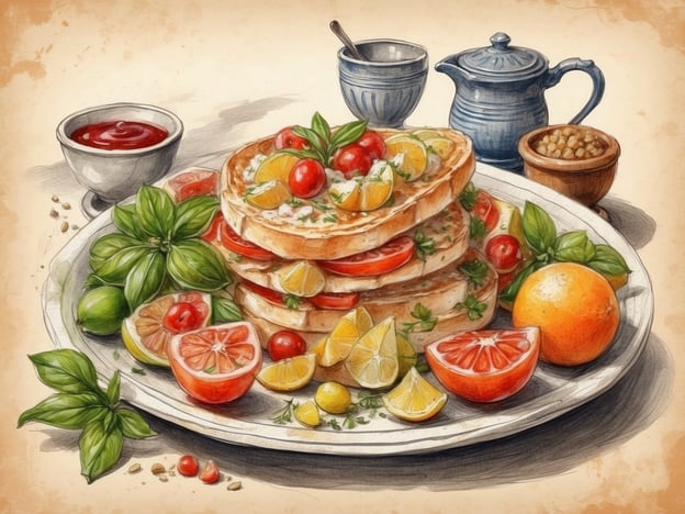 Auf dem Bild sind stapelweise Pfannkuchen zu sehen, die mit einer bunten Auswahl an frischen Früchten wie Tomaten, Orangen und Zitrusfrüchten garniert sind. Diese Art von Gericht könnte in der griechischen Küche als Frühstück oder leichtes Mittagessen serviert werden. Die Verwendung von frischen Zutaten und Kräutern, wie Basilikum, ist typisch für die mediterrane Ernährung und spiegelt die gesunde und geschmackvolle Kulinarik Griechenlands wider. Dazu gibt es möglicherweise eine Sauce oder Marmelade, die das Gericht abrundet.