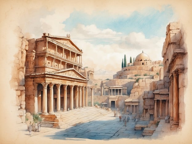 Auf dem Bild ist eine antike griechische Stadtlandschaft zu sehen, die an das historische Athen erinnert. Man kann beeindruckende Säulenbauten und Strukturen beobachten, die typisch für die Architektur der klassischen Antike sind. Ähnlich wie im alten Athen, wo Tempel und öffentliche Plätze eine zentrale Rolle spielten, schaffen die dargestellten Elemente eine Atmosphäre der Antike.

In Athen finden wir zahlreiche Tempel, wie den Parthenon, der der Göttin Athena gewidmet ist und auf der Akropolis thront. Solche majestätischen Gebäude wurden gebaut, um die Götter zu ehren und die politische Macht der Stadt zu demonstrieren. Die verwinkelten Straßen und das geschäftige Treiben könnten an das Leben und die Kultur der Athener erinnern, die damals in einer blühenden Demokratie lebten. 

Die verschiedenen architektonischen Elemente und die natürliche Umgebung lassen auf eine blühende Stadt schließen, die reich an Geschichte, Philosophie und Kunst ist – Werte, die auch in Athen von zentraler Bedeutung waren.