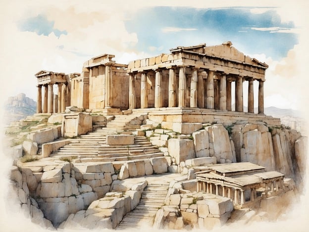 Auf dem Bild ist die Akropolis von Athen zu sehen, insbesondere der Parthenon, der das eindrucksvollste Bauwerk auf dem Hügel darstellt. Die Akropolis ist eine der berühmtesten Sehenswürdigkeiten Griechenlands und ein Symbol für die antike griechische Zivilisation. Weitere Bauwerke, die oft in der Umgebung der Akropolis zu finden sind, sind das Erechtheion und der Tempel der Athena Nike.