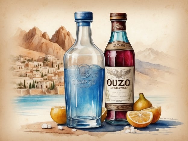 Auf dem Bild sind zwei typische Getränke aus Griechenland zu sehen: eine Flasche Ouzo und eine Flasche Raki. Ouzo ist ein anisschnaps, der oft als Aperitif serviert wird, während Raki eine ähnliche Spirituose ist, die vor allem auf Kreta beliebt ist. Beide Getränke werden häufig zusammen mit Snacks oder Meze genossen und sind Teil der griechischen Kultur. Um das Bild herum sind Zitronen zu sehen, die oft als Garnitur oder zum Mischen mit diesen Getränken verwendet werden.