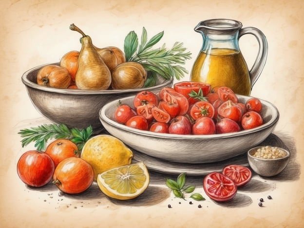 Auf dem Bild sind verschiedene Früchte und Zutaten abgebildet, die in der griechischen Esskultur eine wichtige Rolle spielen. Tomaten sind ein zentraler Bestandteil vieler griechischer Gerichte, insbesondere in Salaten wie dem klassischen griechischen Salat (Horiatiki), der auch Feta-Käse und Oliven enthält. 

Olivenöl, das ebenfalls abgebildet ist, ist ein Grundnahrungsmittel in der griechischen Küche und wird oft zum Dressing von Salaten sowie zum Kochen verwendet. Die Zitrusfrüchte, insbesondere Zitronen, sind ebenfalls typisch für griechische Rezepte, da sie Frische und Säure hinzufügen, die viele Gerichte lebendiger machen. 

Die Verwendung von frischen Kräutern, wie sie im Bild zu sehen sind, ist auch charakteristisch für die griechische Kochtradition, wobei Oregano und Petersilie häufig zum Würzen eingesetzt werden. Insgesamt spiegelt das Bild die Farbenpracht und die gesunden Zutaten wider, die die griechische Gastronomie auszeichnen.