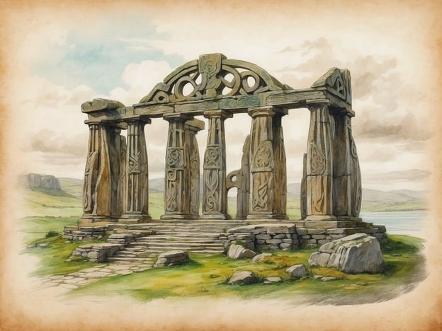 Auf dem Bild ist eine monumentale Struktur zu sehen, die an keltische Ruinen in Irland erinnert. Diese Art von Gebäude könnte ein Tempel oder ein Versammlungsort gewesen sein, der den spirituellen und kulturellen Praktiken der keltischen Gemeinschaften diente. 

In der keltischen Geschichte Irlands spielen solche Monumente oft eine zentrale Rolle, da sie mit der Verehrung von Göttern und der Ahnen vereint sind. Die kunstvollen Schnitzereien und Muster auf den Säulen spiegeln die charakteristische keltische Kunst wider, die für ihre symbolischen Darstellungen und komplexen Designs bekannt ist.

Solche Strukturen können auch mit wichtigen Ereignissen der keltischen Mythologie verknüpft sein, in denen Natur und Übernatürliches eine bedeutende Rolle spielten. Die Landschaft im Hintergrund verleiht dem Bild eine melancholische Schönheit, die an die Verbindung der Kelten zur Natur erinnert.