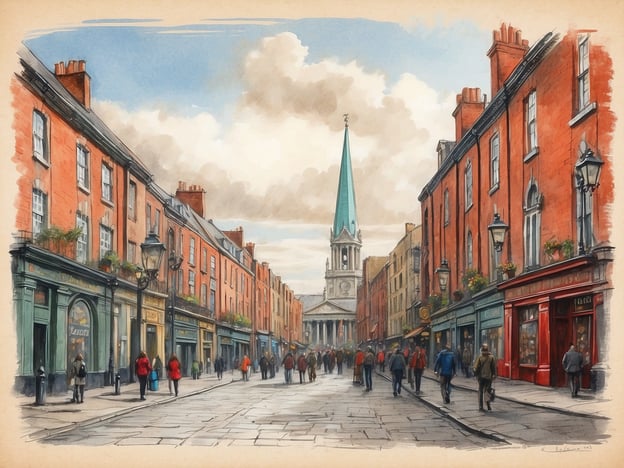 Auf dem Bild ist eine malerische Straßenszene in Dublin zu sehen, die von charakteristischen roten Ziegelfassaden geprägt ist. Solche Straßen spiegeln die vielfältige architektonische Geschichte der Stadt wider, die im Laufe der Jahrhunderte viele kulturelle Einflüsse aufgenommen hat. 

Im Hintergrund sieht man einen Kirchturm mit einer spitzen Haube, was möglicherweise auf die Präsenz vieler historischer Kirchen in Dublin hinweist, die bedeutende Orte für die Gemeinschaft waren. Die Menschen, die in rot gekleideten Jacken spazieren gehen, zeigen die lebendige Atmosphäre der Stadt, die sowohl Einheimische als auch Touristen anzieht.

Dublin ist bekannt für seine reiche literarische Tradition, die von Größen wie James Joyce und Samuel Beckett geprägt wurde. Die Straßen der Stadt sind oft Schauplätze für soziale Interaktionen und kulturelle Veranstaltungen, was sie zu einem wichtigen Teil des dubliner Lebens macht. Die Kombination aus historischer Architektur und der dynamischen Energie der Menschen verleiht diesem Bild einen besonderen Charme, der die Kultur Dublins einfängt.