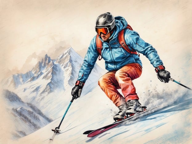 Auf dem Bild ist ein Skifahrer zu sehen, der in den italienischen Alpen fährt. Er trägt eine blaue Skijacke und orangefarbene Skihosen, während er sich durch den Schnee bewegt. Im Hintergrund sind majestätische Berggipfel zu erkennen, die für die alpine Landschaft typisch sind. Dieses Bild vermittelt eine starke Verbindung zum Wintersport und erweckt die Freude am Skifahren in dieser malerischen Umgebung.