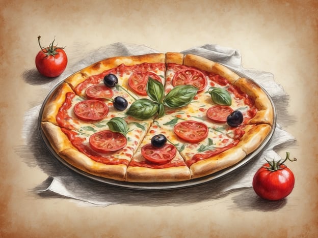 Auf dem Bild ist eine köstliche Pizza zu sehen, die mit Tomaten, Basilikum und Oliven belegt ist. Diese Zutaten spiegeln die traditionelle neapolitanische Pizza wider, die ihren Ursprung im 18. Jahrhundert in Neapel hat. Die neapolitanische Pizza wird oft aus wenigen, aber qualitativ hochwertigen Zutaten hergestellt, darunter frische Tomaten, Mozzarella und frisches Basilikum. Die Kombination dieser Aromen hat dazu beigetragen, dass die Pizza ein beliebtes Gericht weltweit wurde. Die Kunst der Pizzaherstellung in Neapel wird mittlerweile sogar als immaterielles Kulturerbe der Menschheit anerkannt.