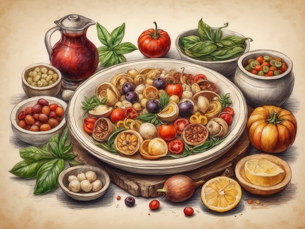 Auf dem Bild ist eine Vielzahl von frischem Obst und Gemüse zu sehen, das typisch für die kulinarische Vielfalt Roms ist. Die Verwendung von Zutaten wie Tomaten, Oliven und Zitronen spiegelt die mediterrane Küche wider. Rom ist bekannt für seine traditionellen Gerichte, die oft saisonale und lokale Produkte nutzen. 

Typische Gerichte umfassen:

- **Pasta alla Carbonara**: Eine Nudel-Spezialität mit Eiern, Käse, Speck und Pfeffer.
- **Saltimbocca alla Romana**: Kalbfleisch mit Schinken und Salbei.
- **Carciofi alla Romana**: Gefüllte Artischocken, die mit Kräutern und Gewürzen zubereitet werden.

Die Präsentation der Gemüse- und Obstsorten zeigt die Liebe zur frischen, einfachen Küche, die in Rom geschätzt wird.