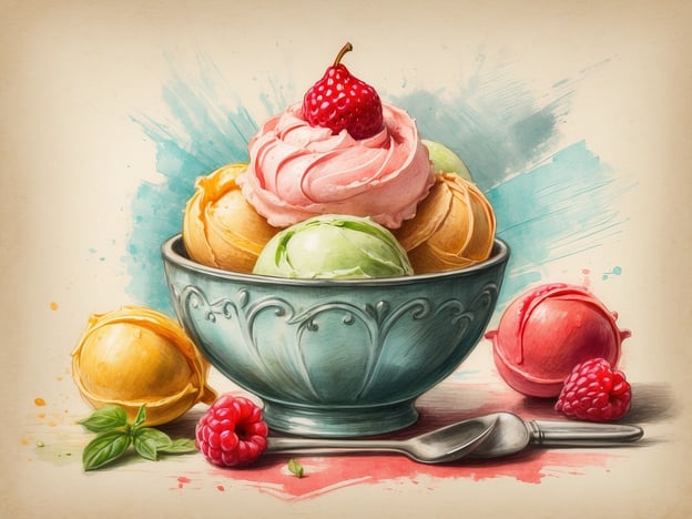 Auf dem Bild ist eine wunderschöne Schale mit verschiedenen Sorten Gelato zu sehen, die eine wichtige Rolle in der Süßspeisenkunst in Florenz spielt. Die Farben sind lebhaft und vielfältig, darunter klassische Geschmäcker wie Erdbeere, Pistazie und Zitrone. Daneben liegen frische Himbeeren und ein Blatt Basilikum, die das Bild zusätzlich auflockern. Gelato ist in Italien nicht nur ein Genuss, sondern auch ein Kunstwerk, das sowohl geschmacklich als auch visuell begeistert.