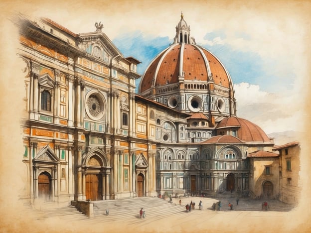 Auf dem Bild ist die Kathedrale Santa Maria del Fiore in Florenz zu sehen, auch bekannt als der Dom von Florenz. Diese beeindruckende Architektur ist ein herausragendes Beispiel der Renaissance und weist die charakteristische große Kuppel von Filippo Brunelleschi auf. Die Fassade zeigt eine Vielzahl von kunstvollen Details und Farben, die typisch für die florentinische Baukunst dieser Epoche sind. Der Platz vor der Kathedrale ist belebt, was die zentrale Rolle dieses Bauwerks im städtischen Leben unterstreicht.