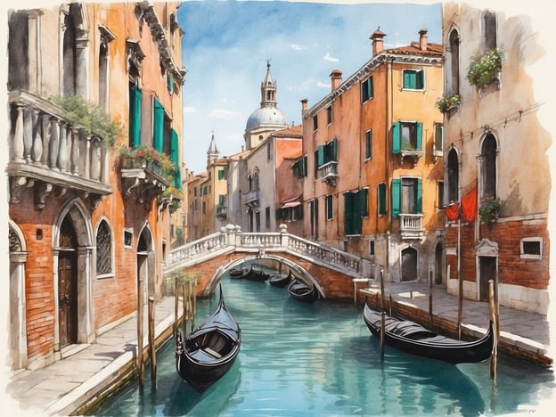 Auf dem Bild ist eine malerische Szene aus Venedig zu sehen. Man erkennt typischen venezianischen Stil mit bunten Häusern, Kanälen und einer kleinen Brücke. Die Gondeln, die im Wasser schwimmen, sind ein Symbol für die Stadt und erinnern an ihre berühmte Geschichte als maritime Handelsmacht. Venedig war im Mittelalter und der Renaissance ein wichtiges Zentrum für Handel und Kultur, was sich in der Architektur und den engen, von Wasser umgebenen Straßen widerspiegelt. Die Stadt ist bekannt für ihre kunstvollen Gebäude und die einzigartige Atmosphäre, die Touristen aus aller Welt anzieht.