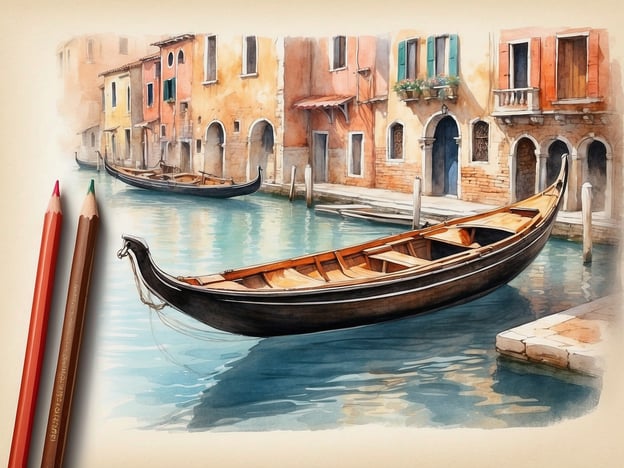 Auf dem Bild ist ein typisches venezianisches Szenario zu sehen, das eine malerische Landschaft mit einem Kanal zeigt. In der Mitte schwimmt eine traditionell venezianische Gondel, die mit ihrem eleganten, schlanken Design das Handwerk der Gondelbauer repräsentiert. Die umliegenden Gebäude sind in warmen Farben gehalten und haben die charakteristischen Fenster und Balkone, die typisch für Venedig sind. Diese Darstellung fängt die zeitlose Schönheit und das kulturelle Erbe der Stadt ein.