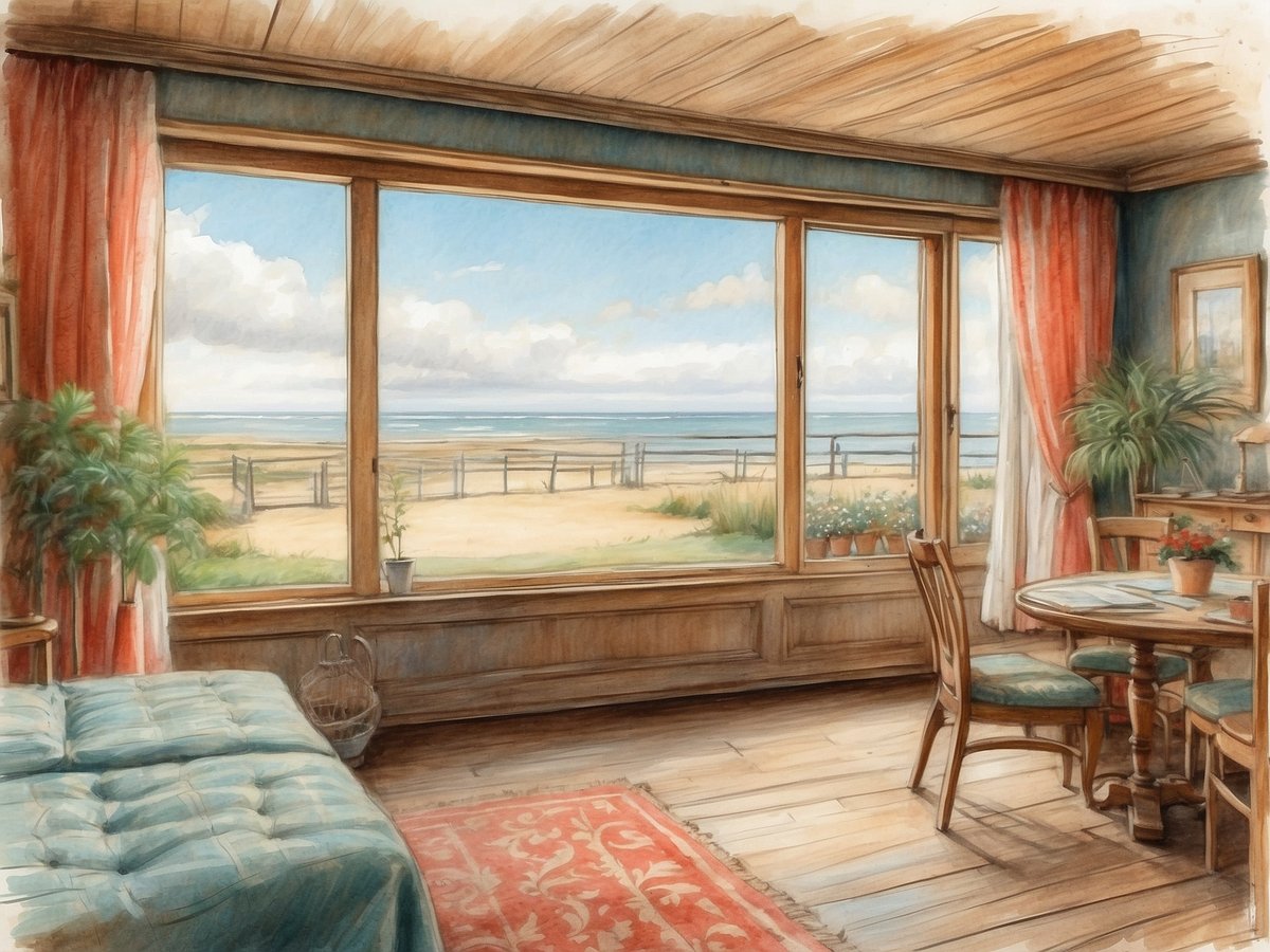 Ein gemütlicher Raum mit einem großen Fenster, das einen Blick auf den Strand und das Meer bietet. Der Boden ist aus Holz, und eine rot gemusterte Teppichmatte liegt auf dem Boden. Links im Raum steht ein Bett mit blauer Bettwäsche, daneben eine kleine Korbtasche. Ein runder Tisch mit einer Pflanze auf der Oberfläche befindet sich rechts, zusammen mit einem Stuhl. Die Wände sind in einem sanften Farbton gestrichen und mit Bildern dekoriert, und die Fenster sind mit rot-orangefarbenen Vorhängen geschmückt. Die Atmosphäre wirkt einladend und entspannend.