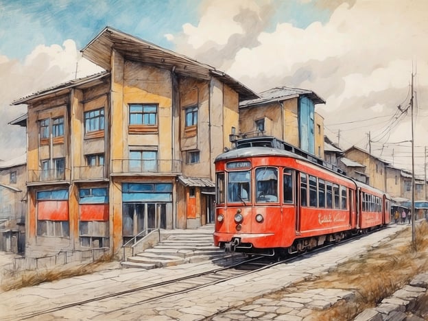 Auf dem Bild ist ein roter Triebwagen zu sehen, der auf einem Schienenweg steht. Im Hintergrund befinden sich Gebäude mit charakteristischen Fenstern und Fassaden in warmen Farbtönen. Die Szene vermittelt ein Gefühl von urbanem Leben, vielleicht in einer Stadt, die historische und zeitgenössische Elemente kombiniert. Der Himmel ist teilweise bewölkt, was der Darstellung eine besondere Atmosphäre verleiht. Diese Art von Kunst könnte als Teil der zeitgenössischen Kunstszene im Kosovo interpretiert werden, in der lokale Architektur und Verkehrsroute in den Fokus rücken.