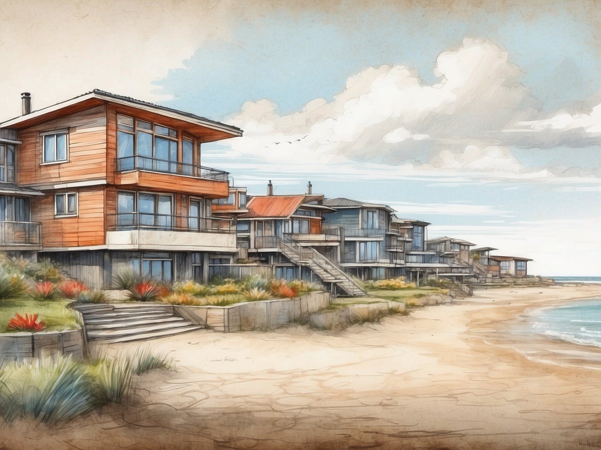 Eine Reihe von modernen Strandhäusern steht direkt am Sandstrand von Zandvoort. Die Gebäude sind in verschiedenen Holz- und Blautönen gestaltet und haben große Fensterfronten, die den Blick auf das Meer ermöglichen. Zwischen den Häusern wachsen bunte Pflanzen und Gräser. Im Hintergrund sind sanfte Wellen zu sehen, die an den Strand rollen, und der Himmel ist leicht bewölkt mit einzelnen Wolken. Die gesamte Szenerie vermittelt eine entspannte, urlaubsartige Atmosphäre.