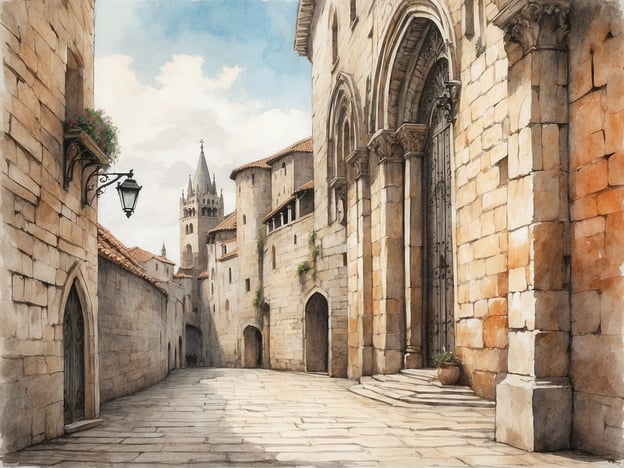 Auf dem Bild ist eine malerische, historische Gasse zu sehen, die an die wundervolle Altstadt von Dubrovnik erinnert. Die gut erhaltenen Steinmauern und architektonischen Details könnten Elemente wie die Glockentürme des Sponza-Palastes oder die Kirche des Heiligen Blasius darstellen. Die sanften Farben und das Licht schaffen eine charmante Atmosphäre, die typisch für die romantischen Gassen Dubrovniks ist. Die kleinen Läden und Cafés, die oft in solchen Gassen zu finden sind, tragen zur lebendigen und einladenden Stimmung bei.