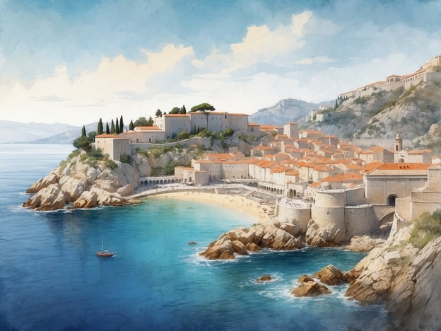 Auf dem Bild sind die beeindruckenden Küstenlandschaften und die historische Architektur von Dubrovnik zu sehen. Die Stadt ist von einer wunderschönen Küstenlinie umgeben, die von kristallklarem Wasser und malerischen Stränden geprägt ist. Die imposanten Stadtmauern und historischen Gebäude, die die Hügel überragen, verleihen der Szenerie eine besondere Atmosphäre. Dubrovnik, oft als "Perle der Adria" bezeichnet, ist bekannt für seine beeindruckende Altstadt und die spektakuläre Aussicht auf das Meer.