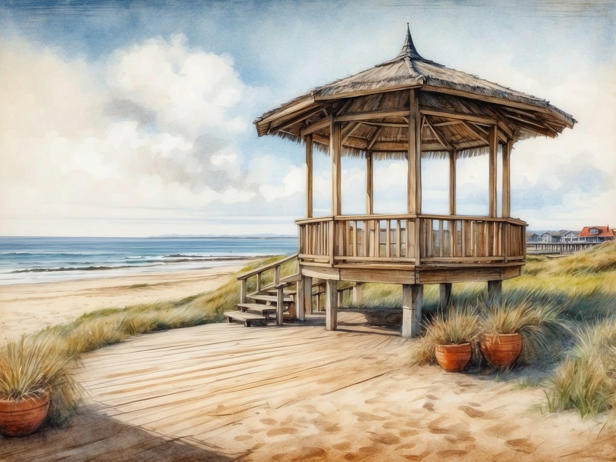 Ein Holzpavillon steht auf einer Holzterrasse und bietet einen Blick auf den Strand und das Meer. Im Hintergrund sind sanfte Wellen zu sehen, die an den Strand rollen. Die Umgebung ist von Gras und ein paar Töpfen mit Pflanzen gesäumt. Über dem Pavillon sind einige Wolken am Himmel sichtbar, während die Sonne scheint und eine entspannte Atmosphäre schafft. Der Sandstrand erstreckt sich bis zum Horizont, und in der Ferne sind einige Gebäude erkennbar.