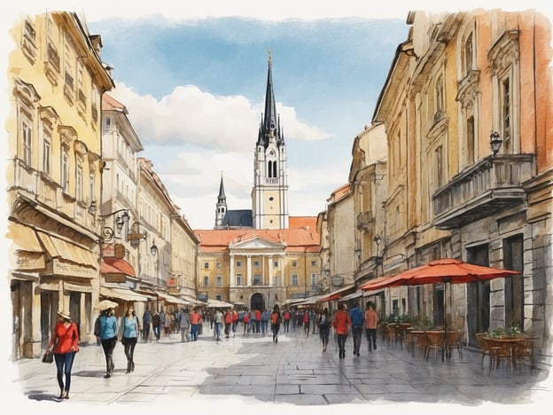 Auf dem Bild ist eine belebte Straße in Zagreb zu sehen, möglicherweise in der Altstadt. Die Architektur der Gebäude zeigt den historischen Charme der Stadt, während die Menschen flanieren und an den Cafés mit roten Sonnenschirmen vorbeigehen. Im Hintergrund erkennt man die markante Silhouette eines Kirchturms, der für Zagreb typisch ist. Diese Szene spiegelt die lebendige Atmosphäre und die reiche Geschichte der kroatischen Hauptstadt wider, die von mittelalterlichen Einflüssen bis hin zu modernem Stadtleben geprägt ist.