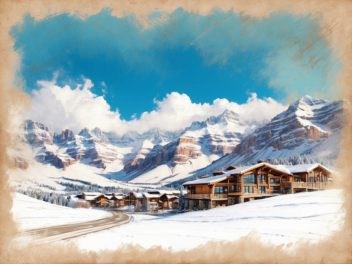 Eine malerische Winterlandschaft in Telluride zeigt schneebedeckte Berge unter einem klaren blauen Himmel. Im Vordergrund sind elegante Holzchalets zu sehen, die sich harmonisch in die Umgebung einfügen. Die sanft geschwungene Straße führt durch den Schnee und lädt zu Erkundungen in dieser idyllischen Bergregion ein. Im Hintergrund erheben sich majestätische Berggipfel, die teilweise mit Wolken bedeckt sind, was der Szene eine verträumte Atmosphäre verleiht.