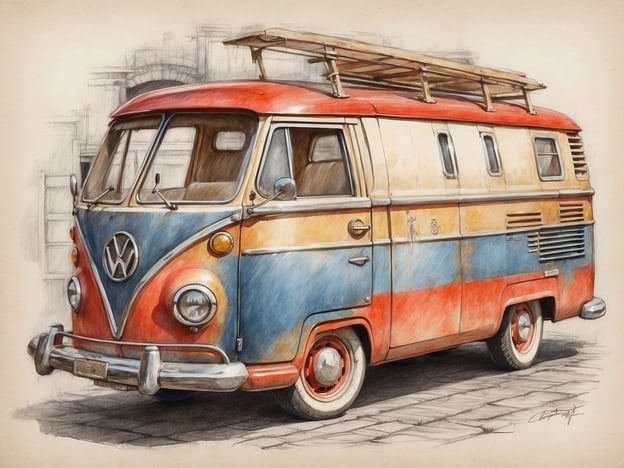 Auf dem Bild ist ein Volkswagen-Bus zu sehen, der in einer künstlerischen Darstellung gezeichnet wurde. Der Bus hat eine auffällige Farbgebung in Blau, Rot und Weiß und ist mit einem Dachgepäckträger ausgestattet. 

In Lettland wird Handwerkskunst oft durch die Arbeit mit Holz und traditionellen Techniken geprägt. Diese Techniken könnten in der Gestaltung und Restauration von Oldtimern, wie diesem Volkswagen-Bus, eine Rolle spielen, da viele lokale Handwerker ihre Fähigkeiten nutzen, um historische Fahrzeuge zu erhalten oder zu individualisieren. Dies zeigt die Verbindung zwischen Auto-Kultur und traditioneller Kunstfertigung.