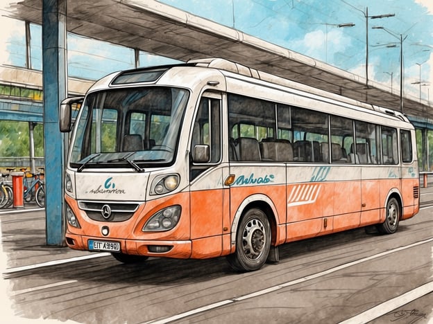 Auf dem Bild ist ein Bus zu sehen, der sich an einer Haltestelle befindet. Er scheint eine Mobilitätsoption für die Anreise in städtischen Gebieten zu repräsentieren. Die Gestaltung des Busses in orange und weiß deutet darauf hin, dass er Teil eines öffentlichen Verkehrssystems sein könnte. Diese Art von Verkehrsmittel ist besonders wichtig für die Mobilität vor Ort, da sie den Zugang zu verschiedenen Zielen innerhalb einer Stadt erleichtert. Möglicherweise befinden sich auch Fahrräder in der Nähe, was zusätzliche Optionen für die Mobilität darstellt.